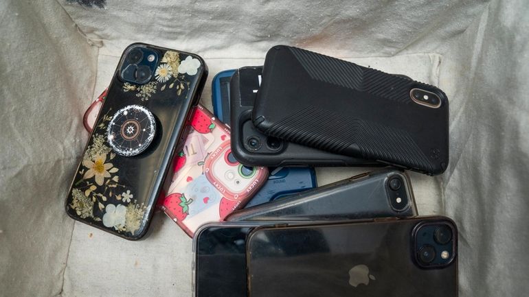 A basket full of phones in a Shelter Island teacher's...