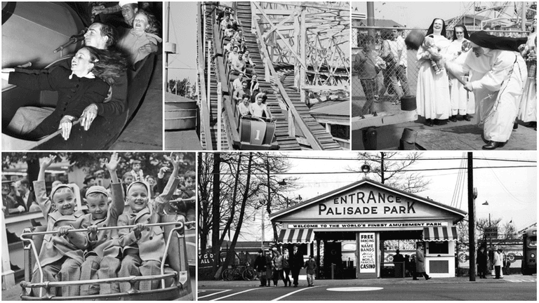 Scenes from Palisades Amusement Park, clockwise from top left: Kids...