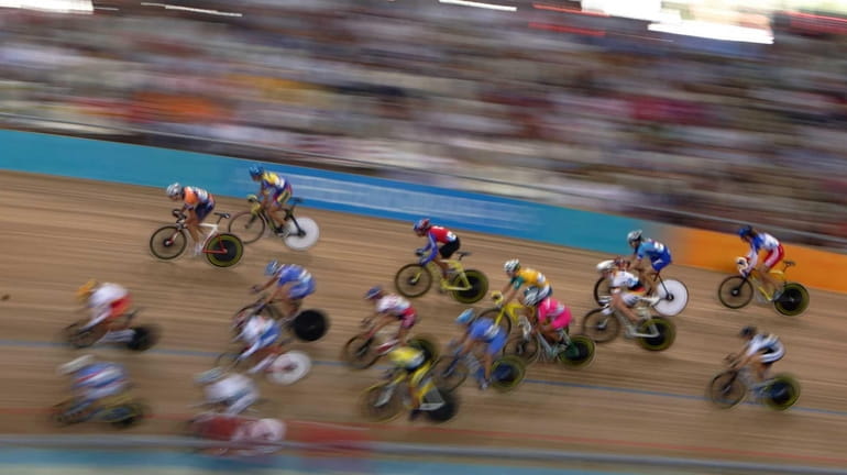 General view of action during the women's track cycling points...