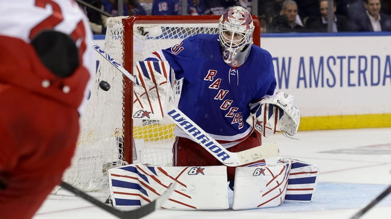 Igor Shesterkin #31 of the Rangers makes a save during...