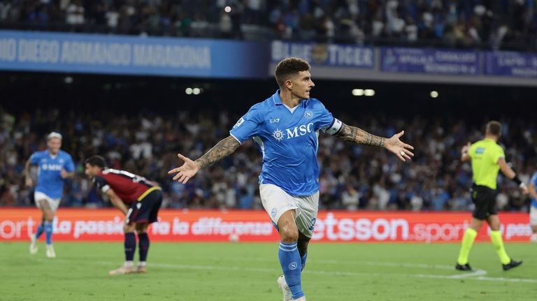 Napoli's Giovanni Di Lorenzo celebrates after scoring a goal during...