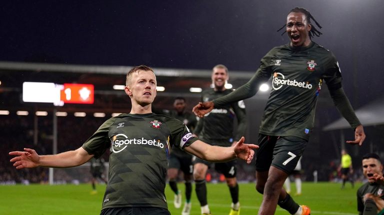 Southampton's James Ward-Prowse celebrates scoring their side's first goal of...