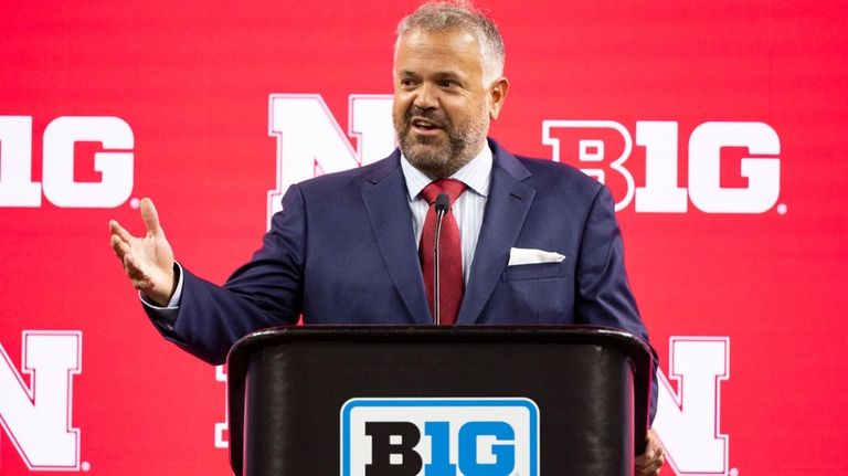 Nebraska head coach Matt Rhule talks with reporters during an...