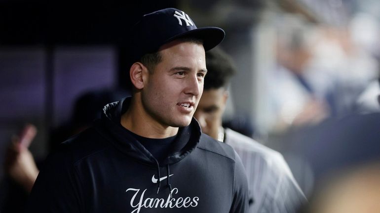 Anthony Rizzo of the Yankees looks on during the fifth inning against...