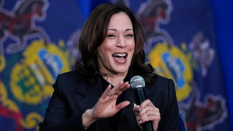 Vice President Kamala Harris speaks during a campaign event in...