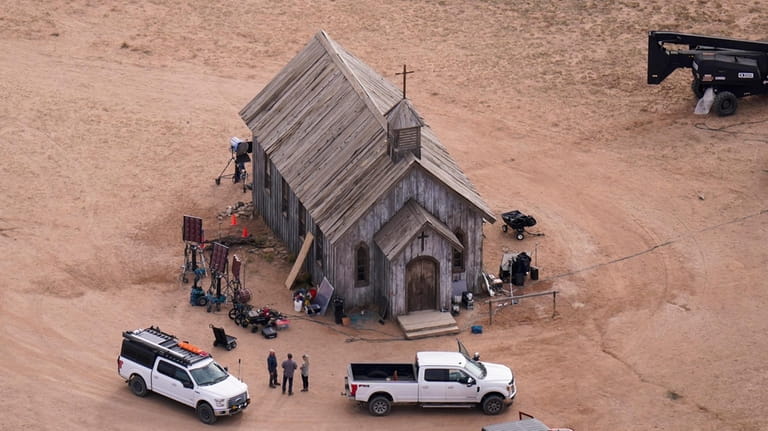 This aerial photo shows the movie set of "Rust," at...