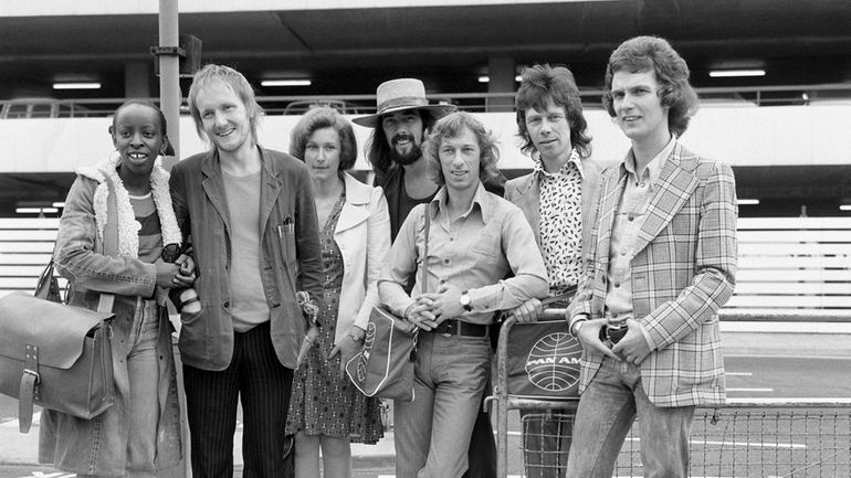 The Blue Mink pop group including Roger Cook, wearing hat,...