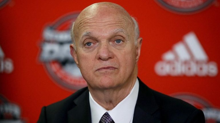 Maple Leafs general manager Lou Lamoriello speaks to the media...