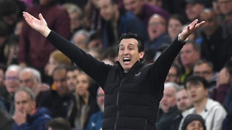 Aston Villa's head coach Unai Emery reacts during the English...