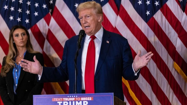 Former President Donald Trump speaks during a news conference held...