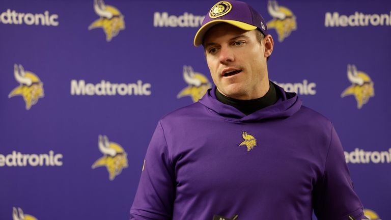 Minnesota Vikings head coach Kevin O'Connell answers questions during a...