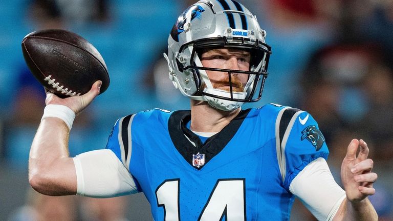 Carolina Panthers quarterback Andy Dalton (14) passes the ball against...