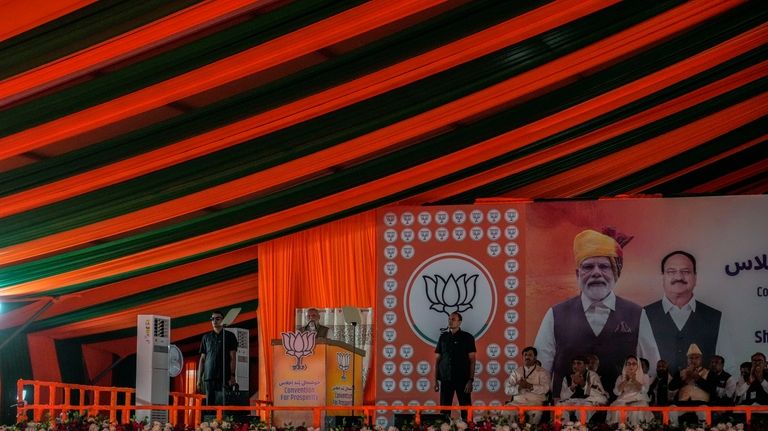 Indian Prime Minister Narendra Modi addresses an election rally in...