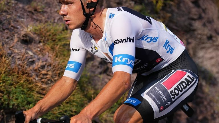 Belgium's Remco Evenepoel, wearing the best young rider's white jersey,...