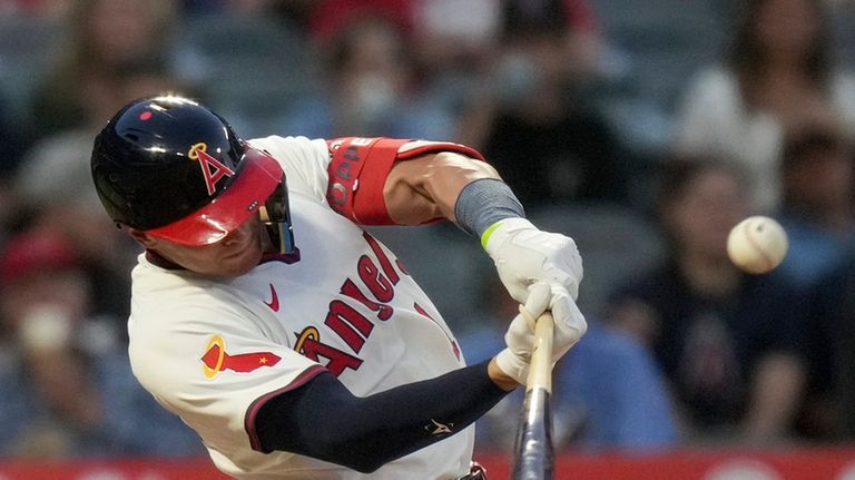 Los Angeles Angels' Logan O'Hoppe hits a home run during...