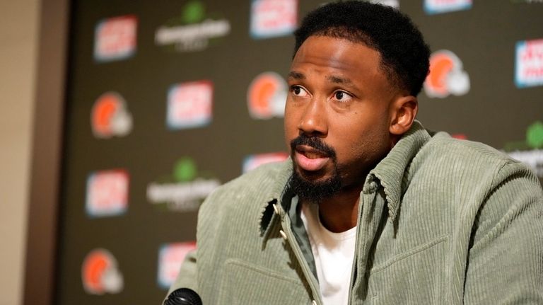 Cleveland Browns defensive end Myles Garrett responds to questions after...