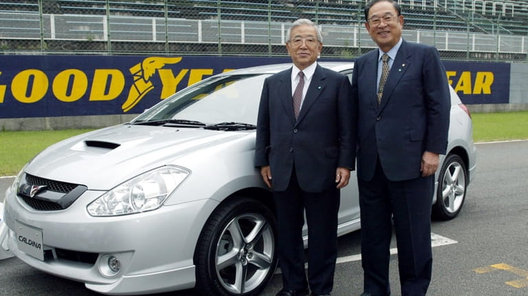 Toyota's CEO, Fujio Cho (R) and Chairman Emeritus, Shoichiro Toyoda...