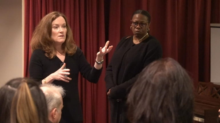 Rep. Kathleen Rice (D-Garden City) addresses audience at a town hall...