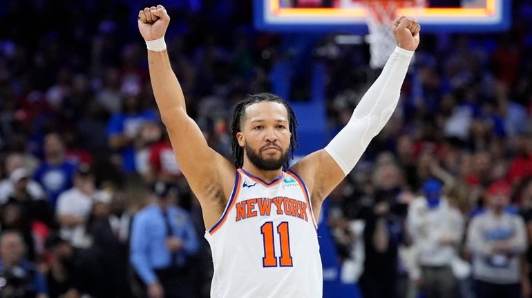 Knicks' Jalen Brunson reacts after winning Game 6 in an...