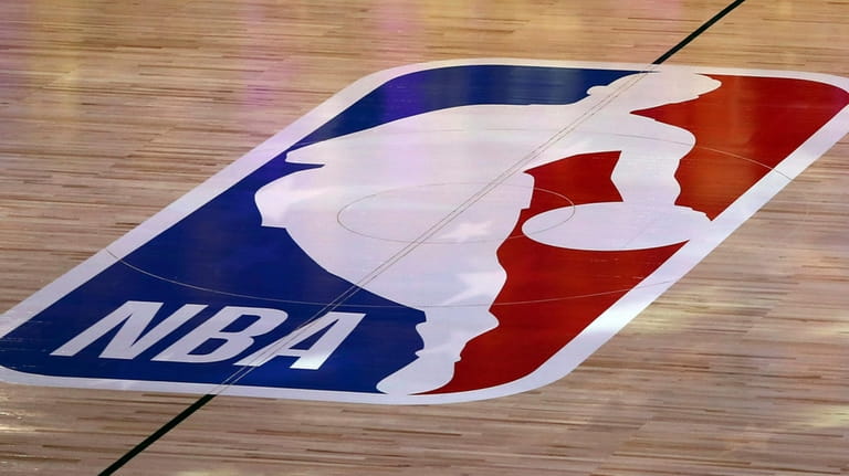 An NBA logo is seen at center court prior to...