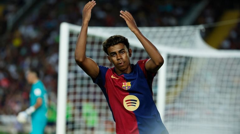 Barcelona's Lamine Yamal gestures during the Spanish La Liga soccer...