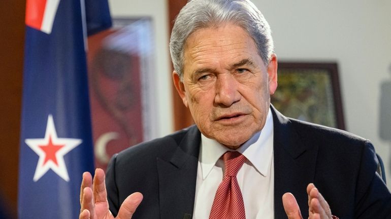 New Zealand Foreign Minister Winston Peters comments during an interview...