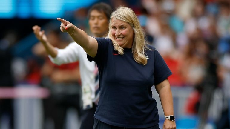 Head coach Emma Hayes of the United States gestures from...