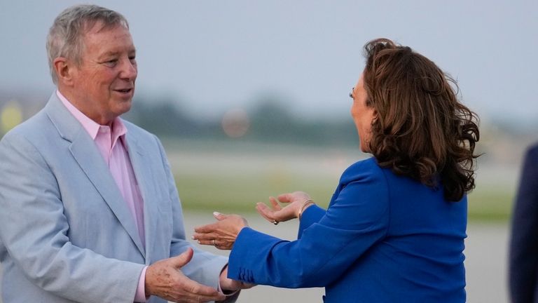 Democratic presidential nominee Vice President Kamala Harris, right is greeted...