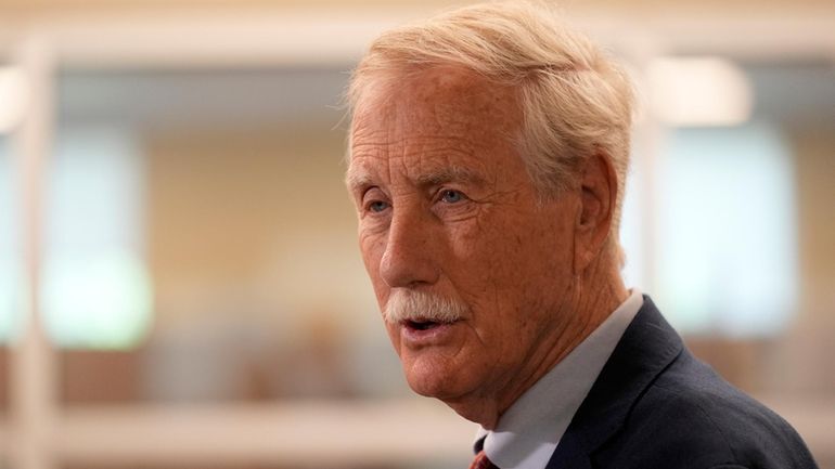 Sen. Angus King, I-Maine, speaks to reporters on Wednesday, May...