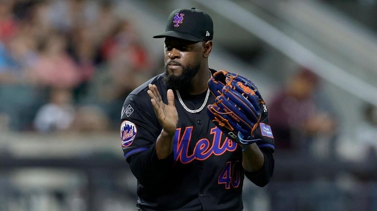 Luis Severino of the Mets reacts after the seventh inning against...