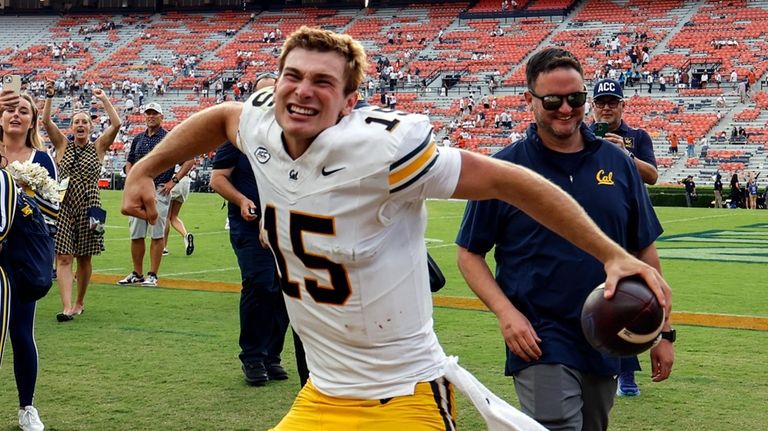 California quarterback Fernando Mendoza (15) celebrates after a win over...