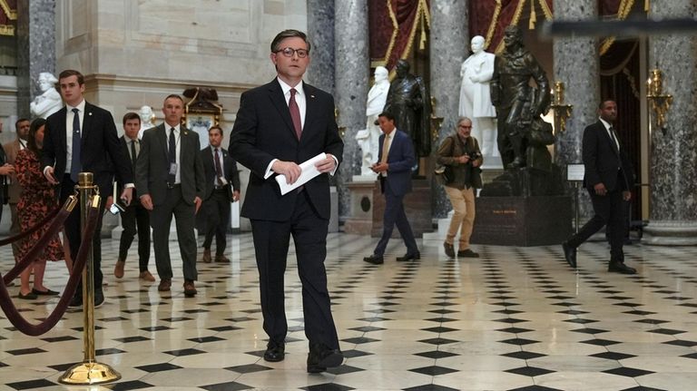 Speaker of the House Mike Johnson, R-La., arrives to discuss...