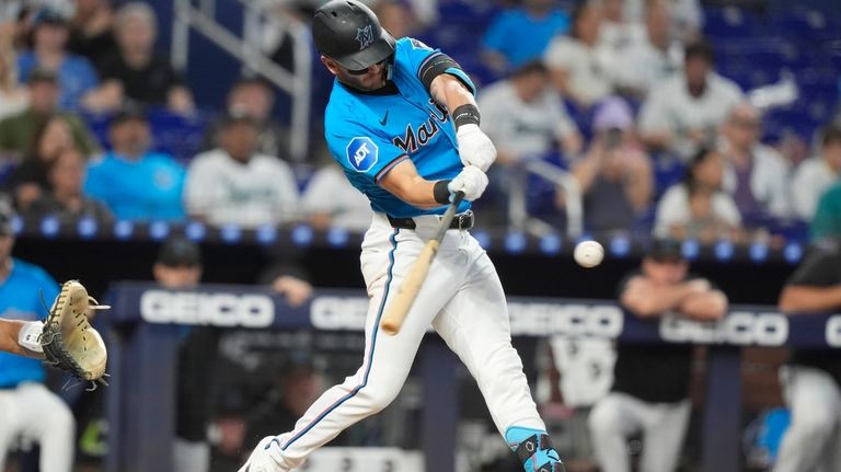 Miami Marlins' Connor Norby hits a two-run home run during...