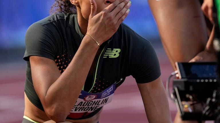 Sydney McLaughlin-Levrone reacts to winning the women's 400-meter hurdles final...