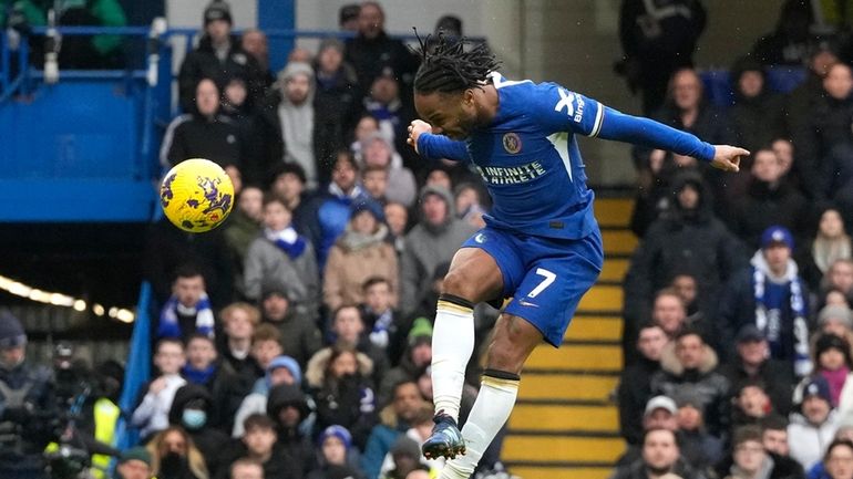 Chelsea's Raheem Sterling makes an attempt to score during the...