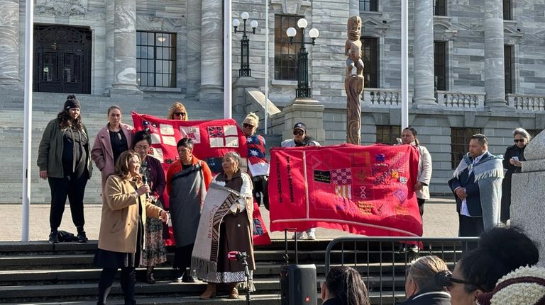 Protestors from the Māori iwi (tribe) Ngāpuhi gather outside the...