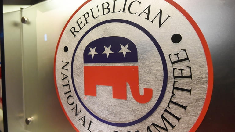 The Republican National Committee logo is shown on the stage...