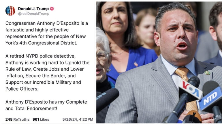 Trump's Truth Social post endorsing Rep. Anthony D'Esposito, right, seen...