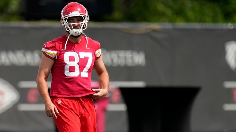 Kansas City Chiefs tight end Travis Kelce watches a drill...