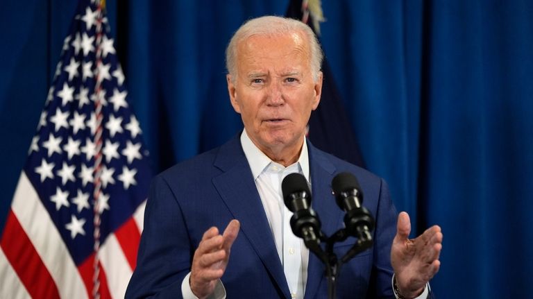 President Joe Biden speaks, Saturday, July 13, 2024, in Rehoboth...