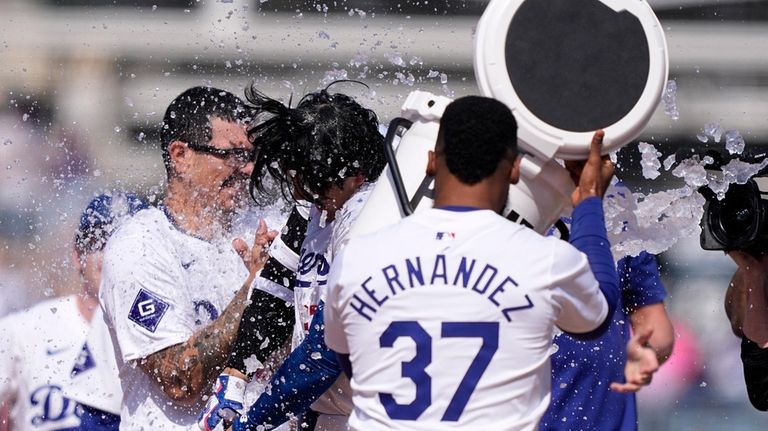 Los Angeles Dodgers' Shohei Ohtani, second from right is hit...