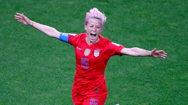 Megan Rapinoe celebrates after scoring  during the Women's World Cup...