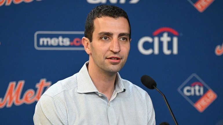 Mets president of operations David Stearns talks to the media...