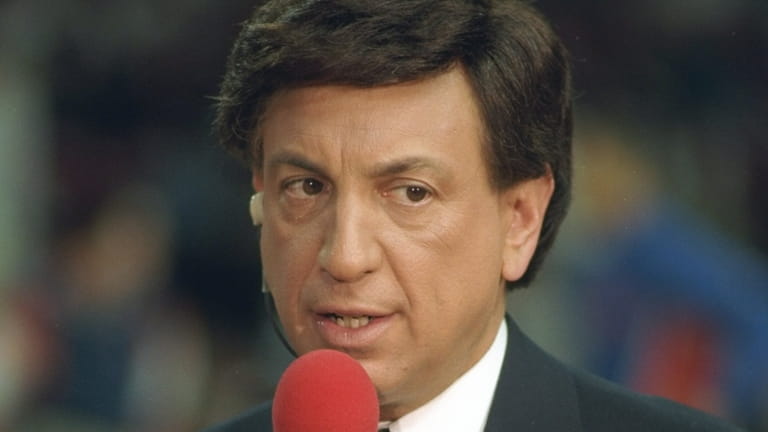 NBC Sports commentator Marv Albert gives his insight during a playoff...