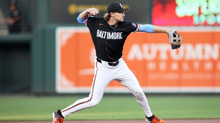 Baltimore Orioles shortstop Gunnar Henderson throws to first base during...