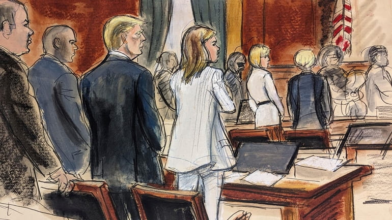 In this courtroom sketch, prospective jurors file into the courtroom...