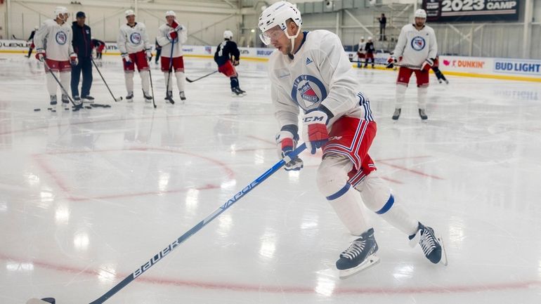 Artemi Panarin skates at Rangers training camp Friday, Sept. 22,...