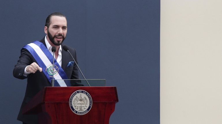 El Salvador's President Nayib Bukele delivers his inaugural address after...