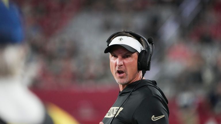 New Orleans Saints head coach Dennis Allen reacts on the...