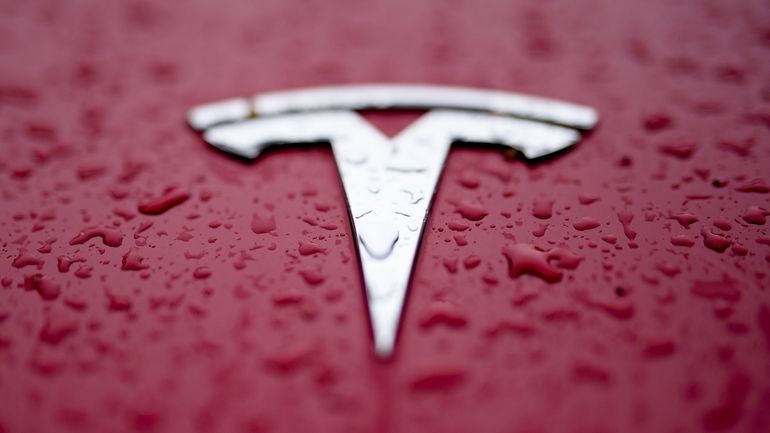 A Tesla logo is shown on Feb. 27, 2024, in...